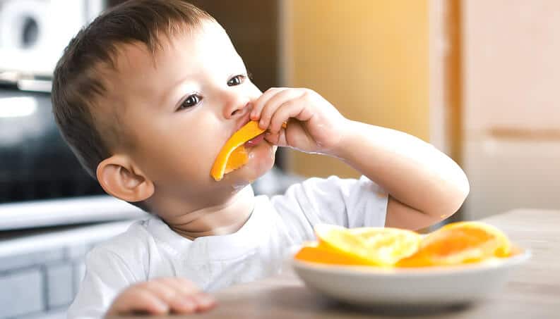 bebê comendo laranja e frutas